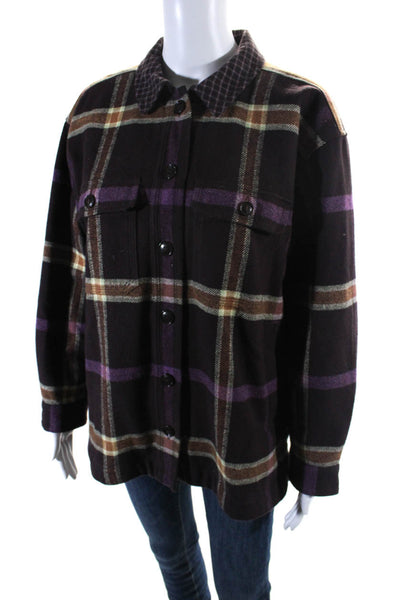Madewell Womens Wool Knit Plaid Print Button Down Shirt Jacket Purple Size M