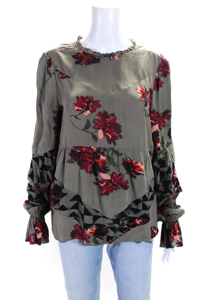 Joie Womens Long Sleeve Crew Neck Ruffled Floral Silk Top Brown Size Small