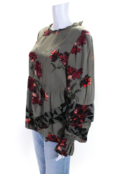 Joie Womens Long Sleeve Crew Neck Ruffled Floral Silk Top Brown Size Small