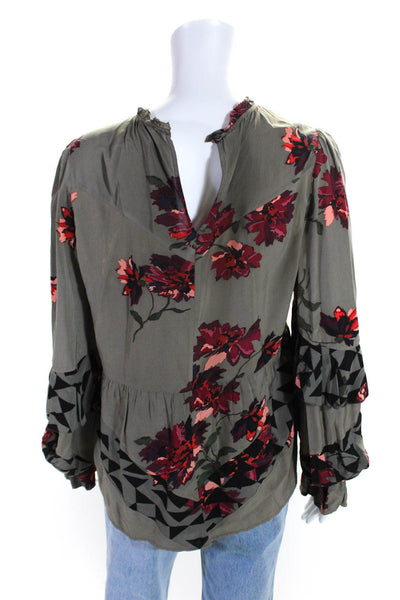 Joie Womens Long Sleeve Crew Neck Ruffled Floral Silk Top Brown Size Small