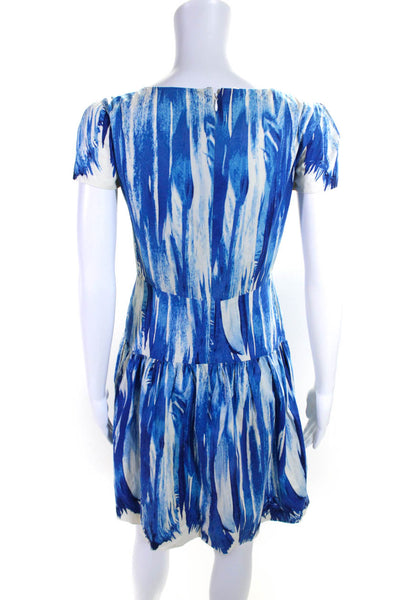 Oscar de la Renta Womens Short Sleeve Abstract Print A Line Dress Blue Size S