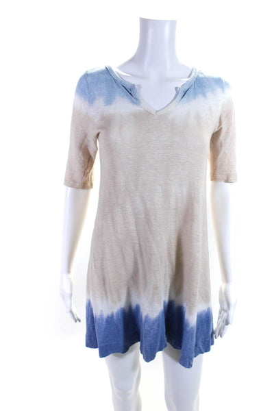 Sandro Womens Linen Short Sleeve Ombre Lightweight Shift Dress Beige Blue Size 1