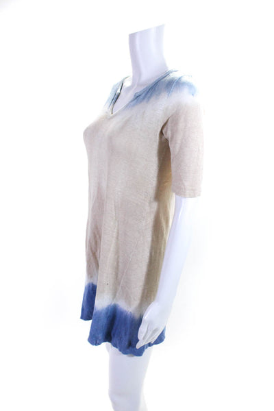 Sandro Womens Linen Short Sleeve Ombre Lightweight Shift Dress Beige Blue Size 1