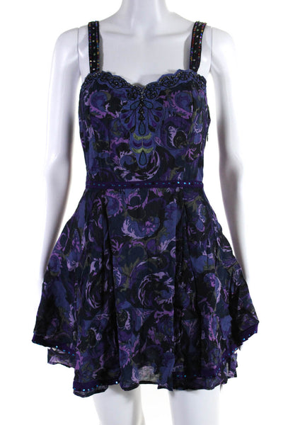 Free People Womens Cotton Beaded Abstract Print Mini Dress Purple Size 8