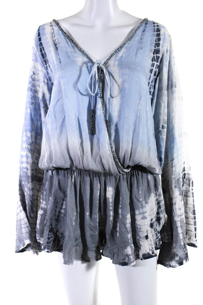 Surf Gypsy Womens Long Sleeve V Neck Ombre Tie Dyed Romper Blue White Size Large