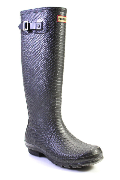 Hunter Womens Logo Snakeskin Print Rubber Knee High Rain Boots Gray Size 8