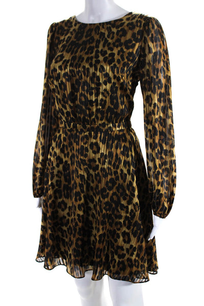 Milly Womens Animal Print Zipped Bishop Long Sleeve Midi Dress Brown Size 4