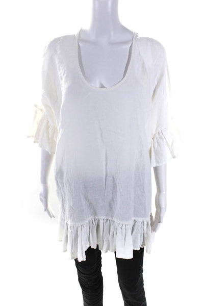 Morton Mac Womens Half Sleeve Scoop Neck Oversized Linen Top White Size Small