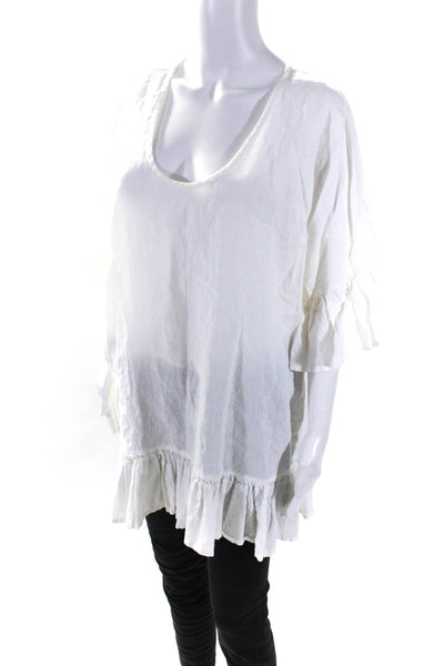 Morton Mac Womens Half Sleeve Scoop Neck Oversized Linen Top White Size Small