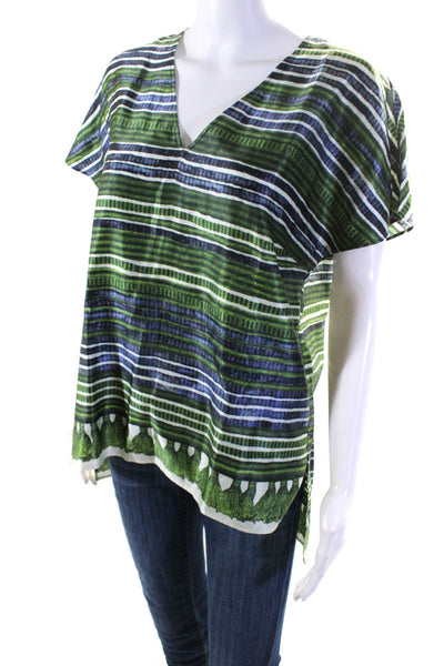 Boss Hugo Boss Womens Silk Stripe Print V-Neck Short Sleeve Blouse Green Size 10