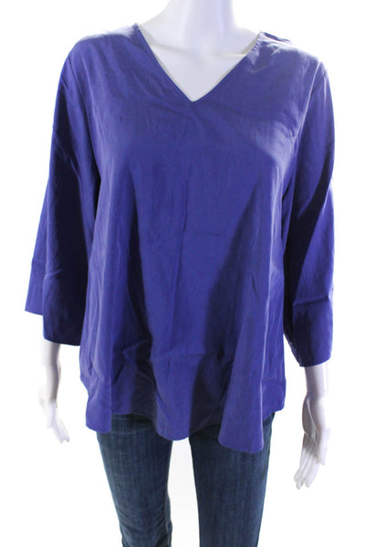 Eileen Fisher Womens V-Neck Long Sleeve Pullover Blouse Top Blue Size S