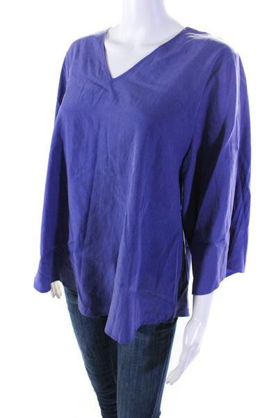 Eileen Fisher Womens V-Neck Long Sleeve Pullover Blouse Top Blue Size S