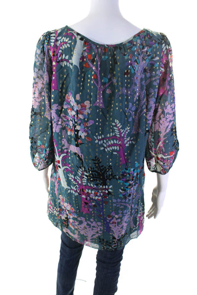 Tibi Womens Abstract Print 3/4 Sleeves Blouse Teal Blue Size 12