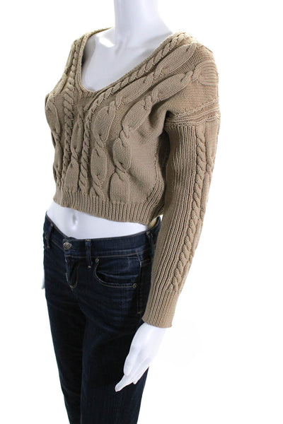 J Crew Womens Cotton Cable-Knitted Long Sleeve V-Neck Sweater Brown Size 2XS