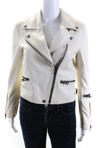 Coach Womens Leather Zipped Collared Long Sleeve Motorcycle Jacket White Size 0