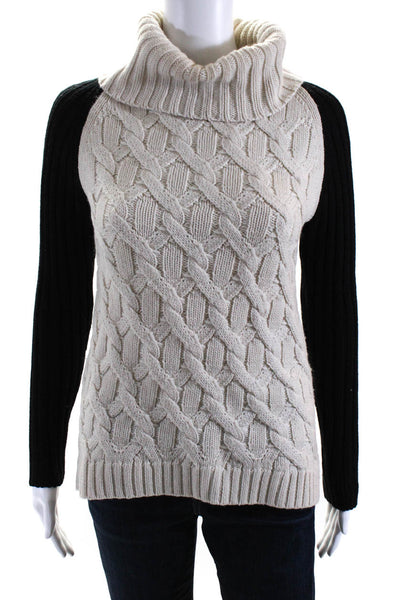 Trina Turk Womens Colorblock Thick Knit Turtleneck Sweater Beige Black Size P