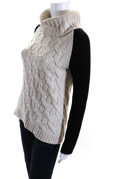 Trina Turk Womens Colorblock Thick Knit Turtleneck Sweater Beige Black Size P