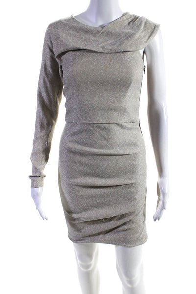 Yigal Azrouel Womens Side Zip One Shoulder Metallic Knit Dress Beige Size 0