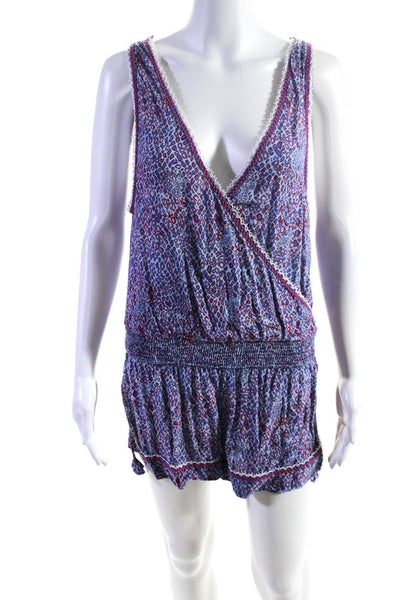 Poupette St. Barth Womens Spotted Print Plunge Sleeveless Romper Blue Size S