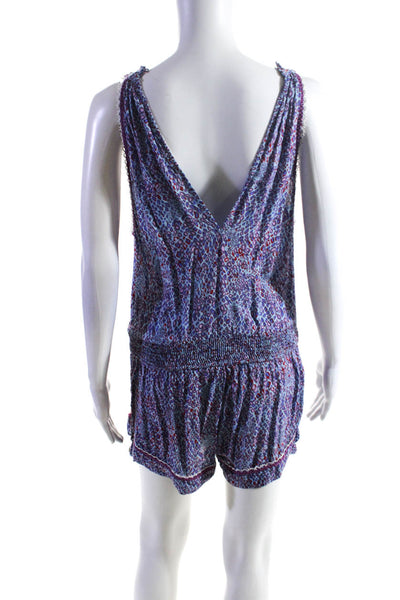 Poupette St. Barth Womens Spotted Print Plunge Sleeveless Romper Blue Size S