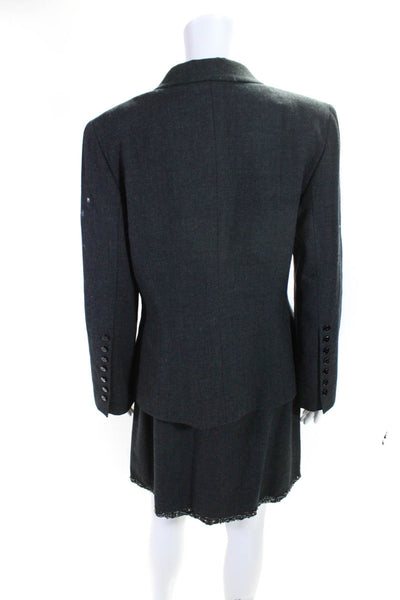 Badgley Mischka Womens Wool Embroider Beaded Trim Blazer Skirt Set Gray Size 10