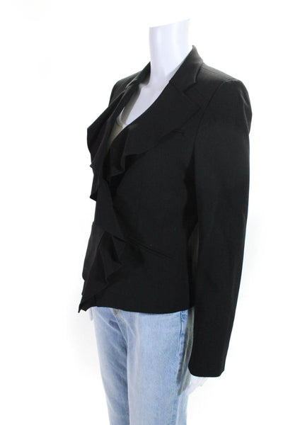 DKNY Womens Wool Ruffled Buttoned Long Sleeve V-Neck Blazer Jacket Black Size 4