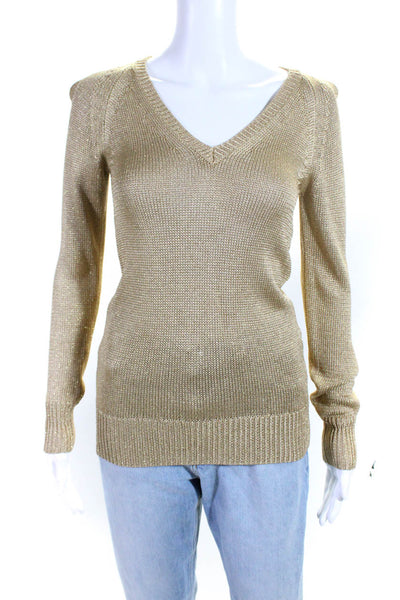 L.K. Bennett Womens Textured Glitter Print V-Neck Pullover Sweater Gold Size XS