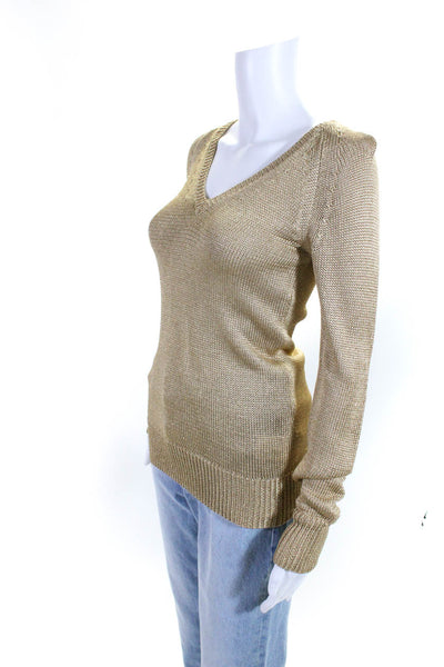 L.K. Bennett Womens Textured Glitter Print V-Neck Pullover Sweater Gold Size XS