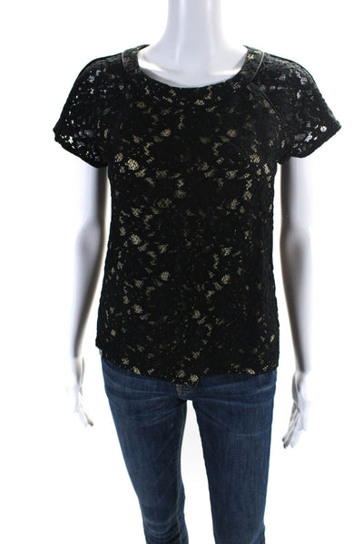 Sea Womens Cotton Floral Lace Layered Short Sleeve Zip Blouse Black Size 0