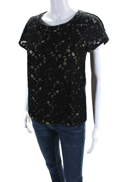 Sea Womens Cotton Floral Lace Layered Short Sleeve Zip Blouse Black Size 0