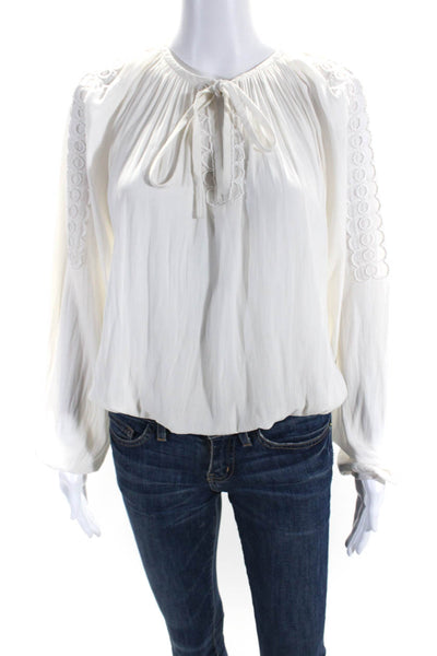 Ramy Brook Womens V-Neck Textured Bishop Long Sleeve Blouson Top White Size XS