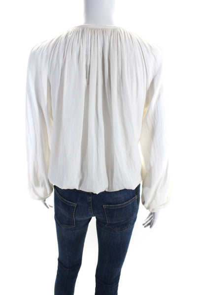 Ramy Brook Womens V-Neck Textured Bishop Long Sleeve Blouson Top White Size XS