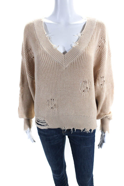 Ser.O.Ya Womens Cotton Knitted V-Neck Distress Long Sleeve Sweater Tan Size S