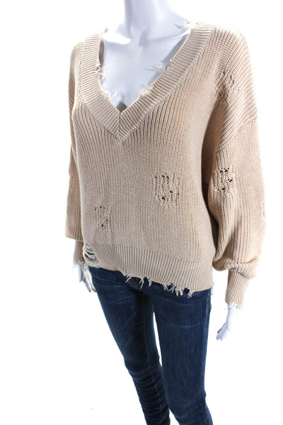 Ser.O.Ya Womens Cotton Knitted V-Neck Distress Long Sleeve Sweater Tan Size S