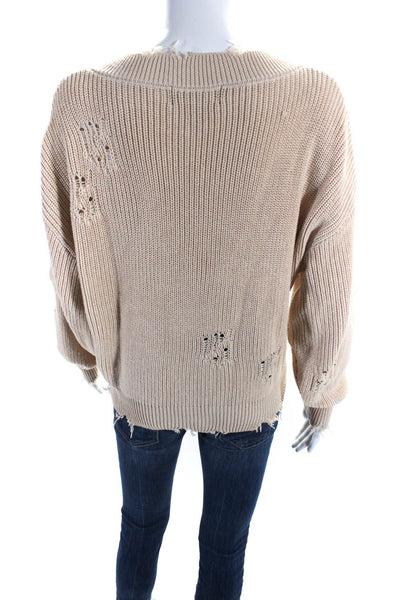 Ser.O.Ya Womens Cotton Knitted V-Neck Distress Long Sleeve Sweater Tan Size S