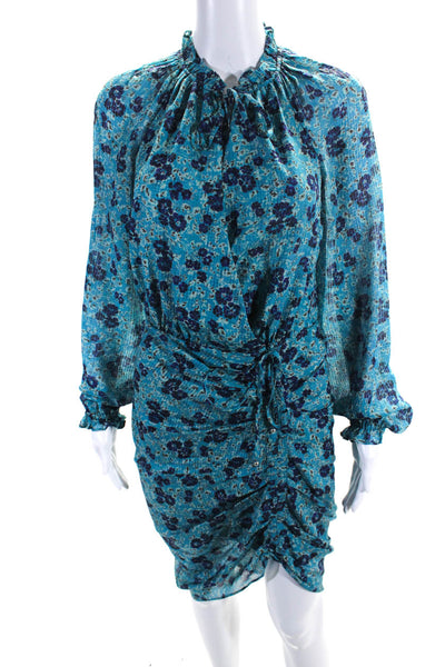 Veronica Beard Womens Silk Floral Print V-Neck Zipped Ruched Dress Blue Size 2