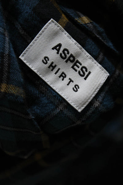 Aspesi Mens Cotton Long Sleeve Plaid Button Down Shirt Blue Size M