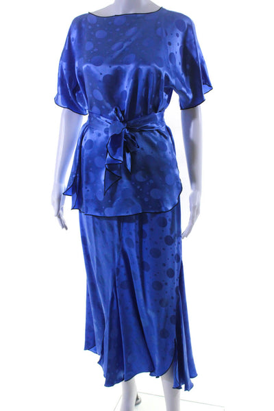 Designer Womens Vintage Silk Polka Dot Jacquard Midi Skirt Set Blue Size Small