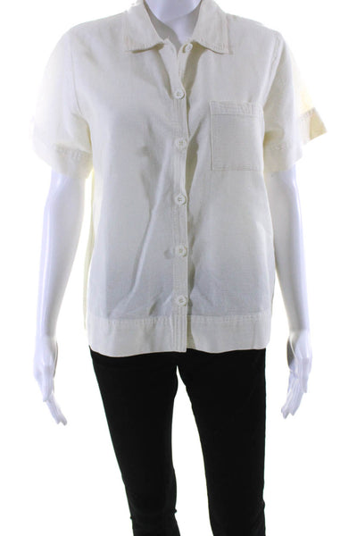 Hot Cotton Womens Vintage Short Sleeve Woven Button Up Shirt Blouse White Small