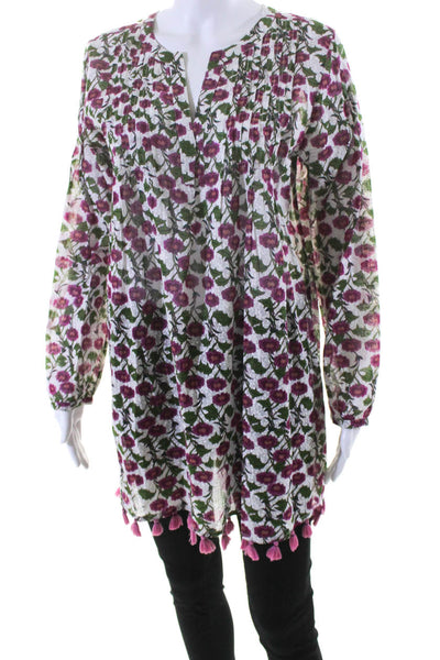 Roller Rabbit Womens Pink Floral V-Neck Long Sleeve Tunic Blouse Top Size S