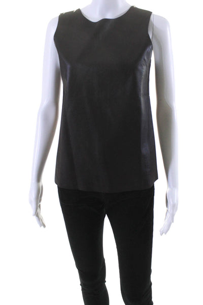Vince Womens Brown Leather Silk Crew Neck Sleeveless Blouse Top Size 6