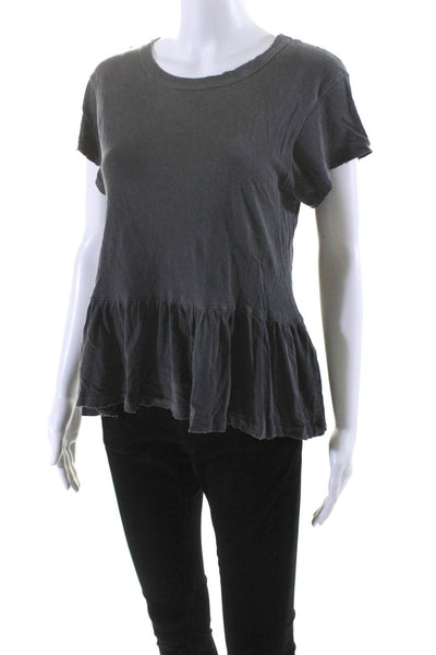 The Great Womens Cotton Short Sleeve Round Neck Peplum Blouse Top Gray Size 0