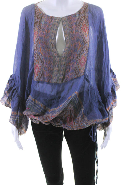 FP One by Free People Womens Abstract Print Relaxed Ruffle Blouse Blue Size XS