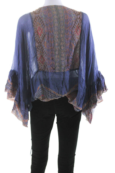 FP One by Free People Womens Abstract Print Relaxed Ruffle Blouse Blue Size XS