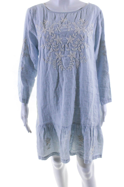 Roller Rabbit Womens Linen Embroidered Long Sleeves Dress Blue Size Large