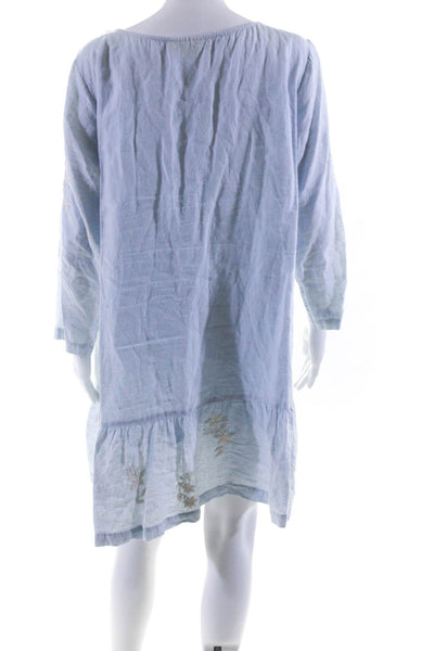 Roller Rabbit Womens Linen Embroidered Long Sleeves Dress Blue Size Large