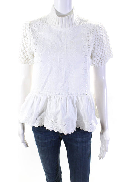 Sea New York Womena Cotton Embroidered Cut Out Zip Up Blouse Top White Size M