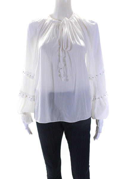 Ramy Brook Womens Beaded V-Neck Puff Sleeve Pullover Blouse Top White Size XXS