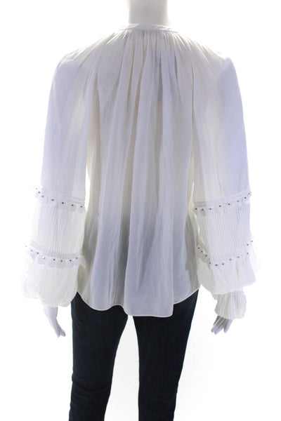 Ramy Brook Womens Beaded V-Neck Puff Sleeve Pullover Blouse Top White Size XXS