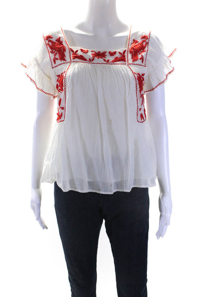 Joie Womens Cap Sleeve Square Neck Embroidered Top White Red Cotton Size 2XS